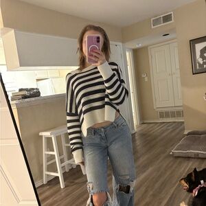 coquette white and navy stripped cropped off the shoulder oversized sweater NWOT